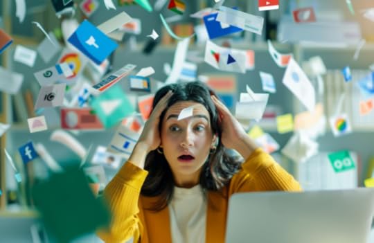 MidJourney generated image of marketer overwhelmed by amount of work to illustrate why it's so hard to marketers to keep up with AI.