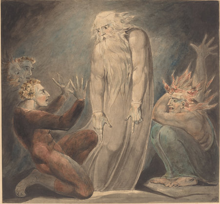 William Blake (British, 1757 - 1827 ), The Ghost of Samuel Appearing to Saul, c. 1800, pen and ink with watercolor over graphite, Rosenwald Collection