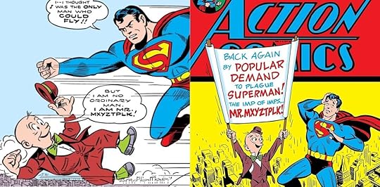 Superman meets Mr. Mxyzptlk in the Golden Age of Comics.