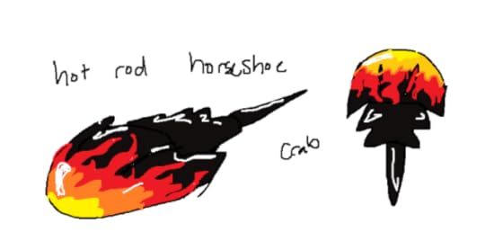 mspaint drawing of a horseshoe crab with flame paint on it, captioned "hot rod horseshoe crab"