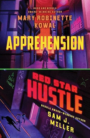 covers for the books APPREHENSION and RED STAR HUSTLE, both with a magenta-purple cyberpunk vibe