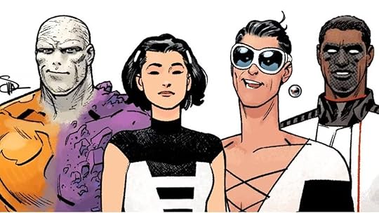 A group shot of the Terrifics team including Metamorpho, Phantom Girl, Plastic Man, and Mister Terrific.