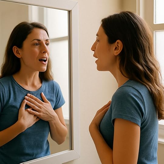 Woman doing her morning money manifestation in the mirror.