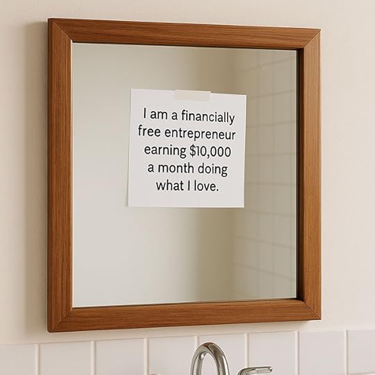 Picture of a mirror with a note taped to it for the morning money manifestation