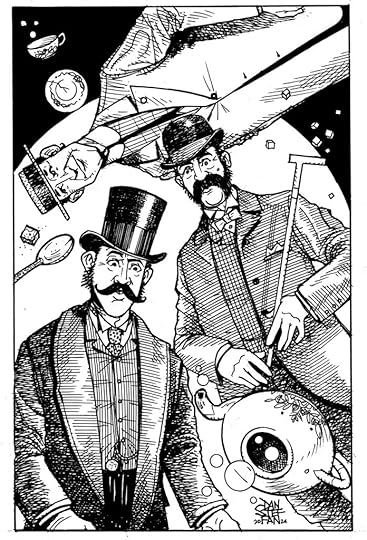 The three protagonists of THREE MEN IN ORBIT, dressed in best Edwardian style, floating in zero-gravity and looking a little taken aback. Around them, also floating, are a teapot, cups,saucers, etc.