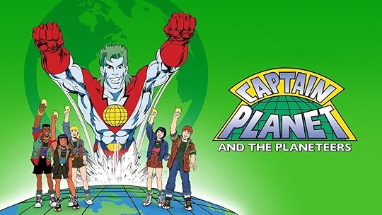 Captain Planet flies toward the camera while the Planeteers flank him.