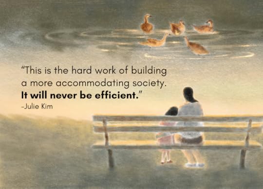 A soft, pastel-toned illustration shows a parent and child sitting on a wooden bench, facing a calm pond where six ducklings swim peacefully. Text on the image reads: 