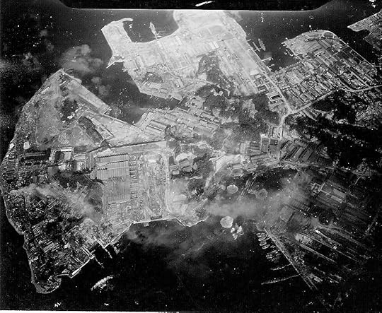 Strike photo taken by USS Hancock aircraft showing an attack on the Yokosuka Navy Yard, Tokyo Bay, Japan, 18 Jul 1945 (US National Museum of Naval Aviation)