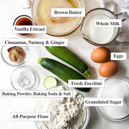 Ingredients for brown butter zucchini bread, labeled: brown butter, whole milk, vanilla extract, cinnamon, nutmeg, ginger, eggs, fresh zucchini, baking powder, baking soda, salt, granulated sugar, all-purpose flour.