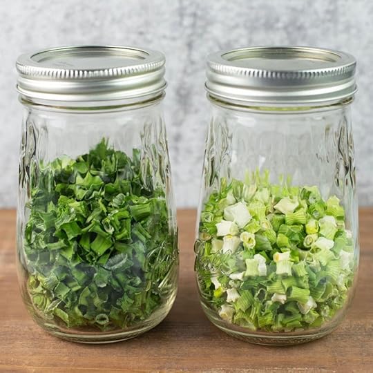 Dried green onions in 2 mason jars.