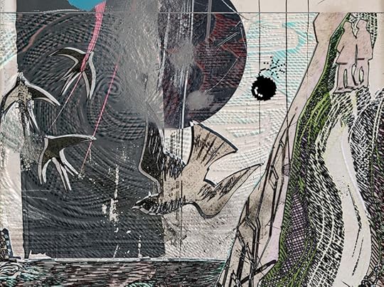 A digital collage of the lino cut illustration on the cover of The Salt Path. A couple stands on a cliff overlooking the sea and birds circle in the sky. In the collage, an 8-bit bomb with lighted fuse hovers above them.