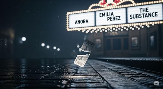 A ripped movie ticket in front of a movie marquee.