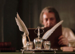 Inkwell with feather pens in the Statehouse in Philadelphia. Inkwell used to sign historic documents.