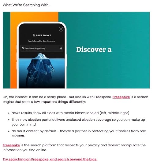 Auto-generated description: A promotional image for Freespoke, highlighting its unbiased news search engine with visual elements like an iceberg and descriptions of its features.