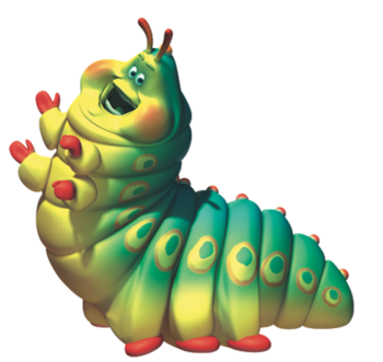 A fat green caterpillar named Heimlich from the movie A Bug's Life