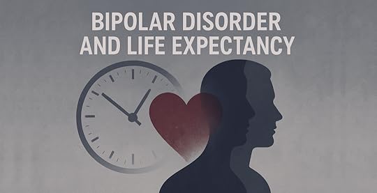 Banner showing a muted gray clock face behind a fading red heart, next to overlapping silhouettes of a dark and light profile, symbolizing the impact of bipolar disorder on life expectancy and heart health.