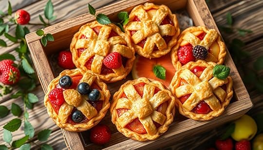 A vibrant, mouthwatering display of homemade fruit pies nestled in a rustic wooden crate. The pies, adorned with intricate lattice crusts, showcase an array of fresh, seasonal fruits - plump, juicy berries, crisp apples, and fragrant citrus. Soft natural light filters in, casting a warm, inviting glow that highlights the pies' flaky, golden-brown exteriors. The crate is positioned on a weathered wooden surface, surrounded by lush greenery and complementary props that evoke a sense of thoughtful, sustainable craftsmanship. An air of hopeful anticipation and quality craftsmanship pervades the scene, inviting the viewer to savor the goodness of these bite-sized fruit pies.