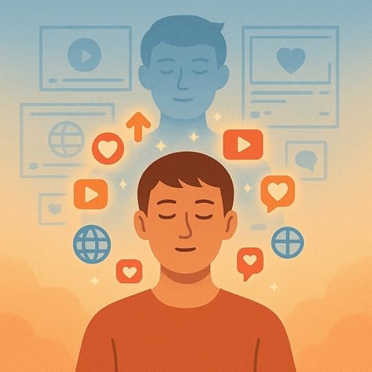 A young man meditates as digital symbols of social media and success float around him, symbolizing the power of visualization and manifestation
