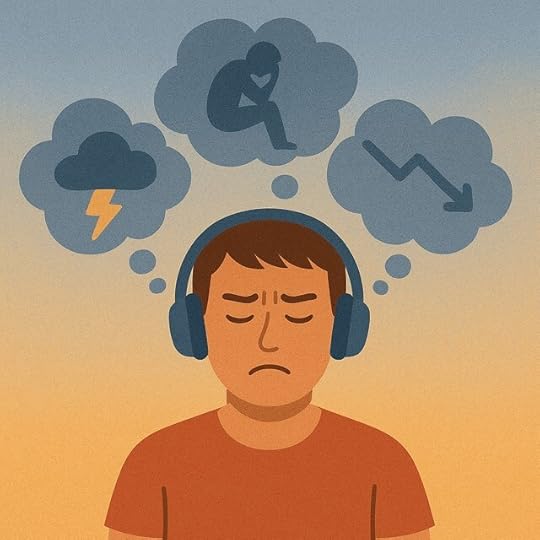 A young man wearing headphones with a distressed expression imagines negative outcomes like failure, sadness, and storms in thought bubbles above his head.