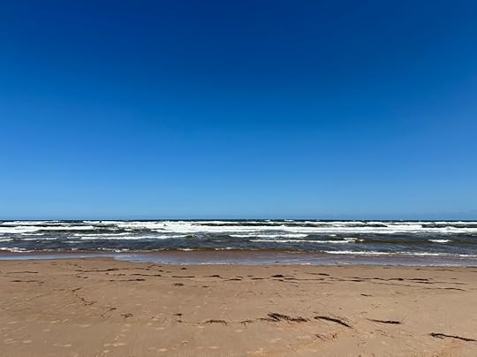 Lakeside Beach, Prince Edward Island, on a windy day: whitecaps, white sand, blue sky