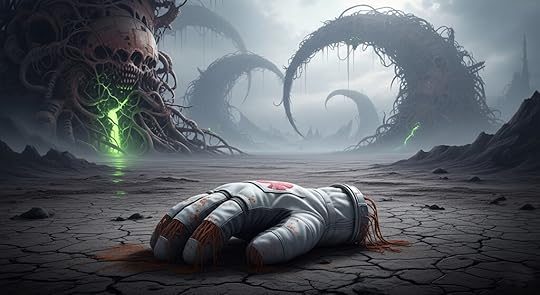 A strange alien landscape. In the foreground, a discarded astronaut's glove.