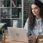 Woman working on laptop at modern office desk with plant decor.