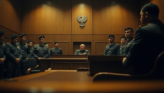 A courtroom interior, dimly lit with warm hues, the judge's bench prominent in the foreground. Soldiers in crisp uniforms stand at attention, their faces solemn, as the judge delivers a ruling regarding the case of Satria Arya. The atmosphere is tense, with a sense of gravity and importance. The scene is captured from a low angle, emphasizing the authority of the court. Soft shadows and muted colors create a somber, serious mood, befitting the military tribunal setting. The overall impression is one of a weighty, consequential decision being made.