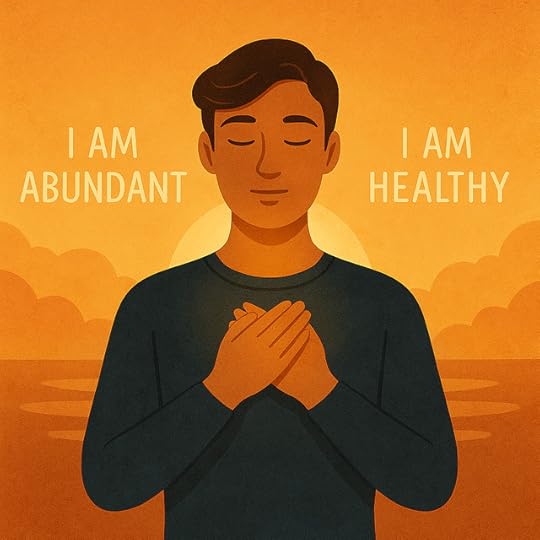 A young man meditates at sunrise with his hands over his heart, surrounded by the affirmations “I Am Abundant” and “I Am Healthy,” symbolizing gratitude and manifestation.