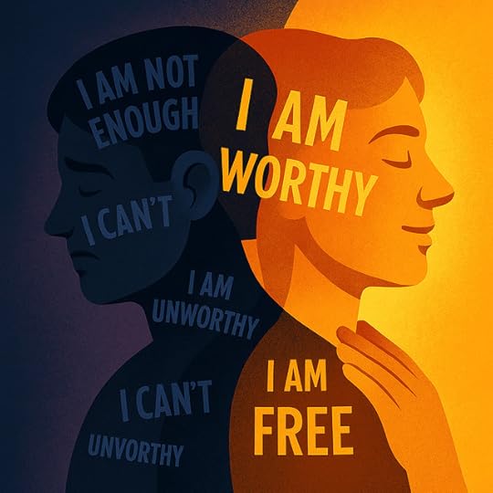 Two overlapping human profiles, one in dark blue with limiting beliefs like “I am not enough,” and the other glowing in orange with affirmations like “I am worthy.”