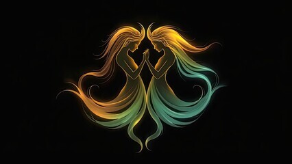 Digital artwork depicting two abstract figures with flowing hair, resembling twins, holding hands against a black background.