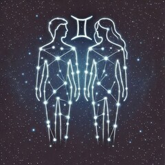 Constellation of Gemini depicted with stylized human figures representing twins against a starry background.