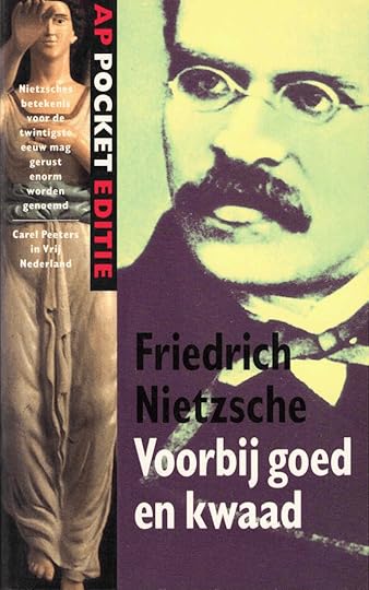 Cover van het boek 'Voorbij goed en kwaad' door Friedrich Nietzsche, met een afbeelding van Nietzsche en een klassieke beeldhouwwerk.