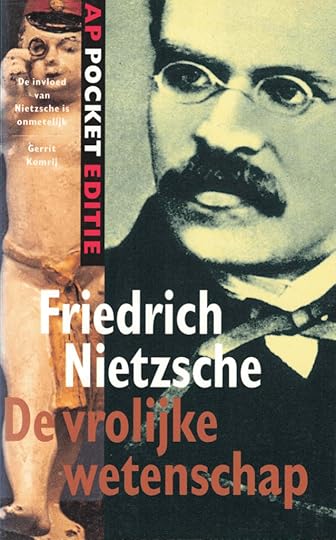 Boekomslag van 'De vrolijke wetenschap' door Friedrich Nietzsche met een afbeelding van zijn portret en een afbeelding van een figuur aan de linkerkant.
