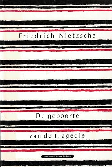 Omslag van 'De geboorte van de tragedie' van Friedrich Nietzsche met gestreepte achtergrond in zwart, wit en rood.