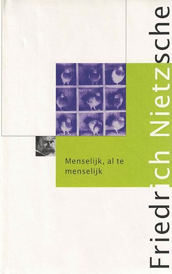 Cover van het boek 'Menselijk, al te menselijk' door Friedrich Nietzsche, met een minimalistische ontwerp en een collage van afbeeldingen van vogels.