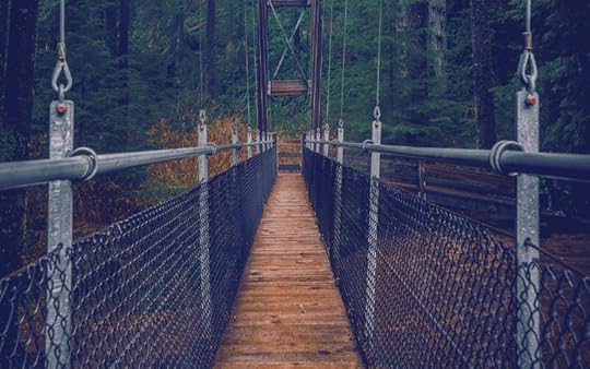 a scary bridge over a river in the forest
