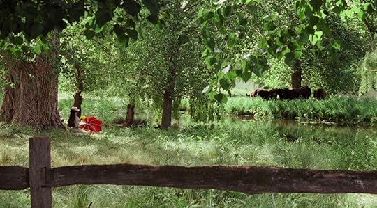A white settler girl sits on a riverbank with a red umbrella in 19th-century Australia in