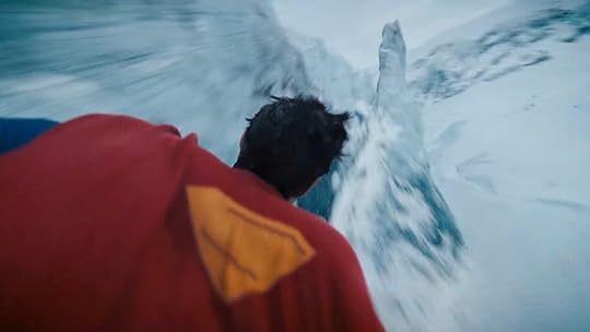 David Corenswet flying through the air in Superman. 