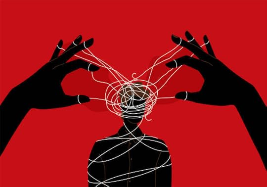 Abstract illustration of a person entangled in strings manipulated by two large hands, symbolizing psychological control and mental manipulation.