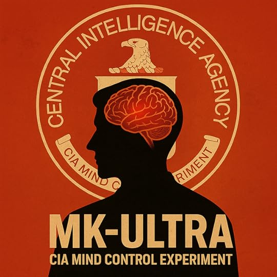 A silhouette of a human head with a glowing red brain in front of a vintage CIA emblem, symbolizing the MK Ultra mind control experiment.