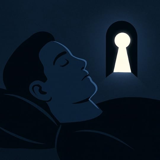 A person sleeping peacefully in darkness beside a glowing keyhole-shaped doorway symbolizing subconscious access, inspired by the CIA mind control experiment
