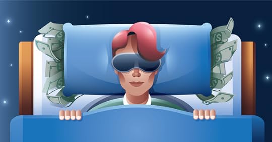 A person wearing a sleep mask lies in bed surrounded by dollar bills, symbolizing wealth attraction through subconscious mind programming during sleep.