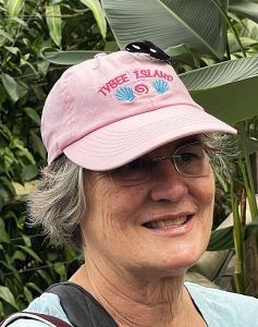 Black butterfly atop a pink hat.