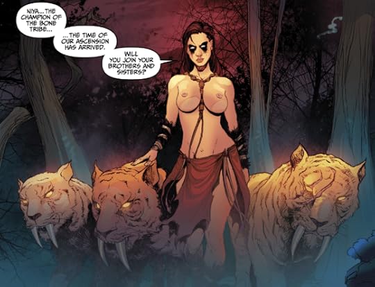 The Witch is leading three saber-toothed tigers. She has a skirt but is topless. Her eyes are covered in dark makeup that flows down, like the comic book character Dawn.