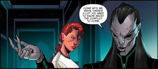 Relo Quarr talks to Vanya. Relo has long black hair and grey skin. He looks like an elf with extremely knife-sharp features.