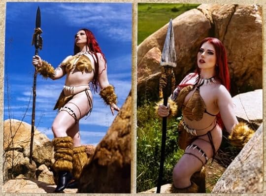Two cosplay prints. Both Show Alaina Rose Lee with dark red hair and holding a spear, walking about large boulders.