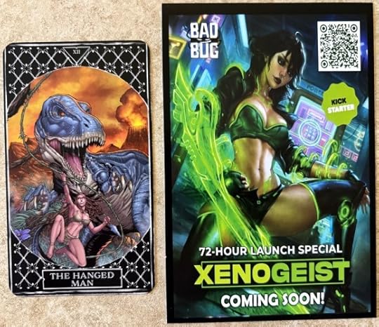 Tarot Card shows Vanya swinging on a vine, escaping from a T-rex. The card is 