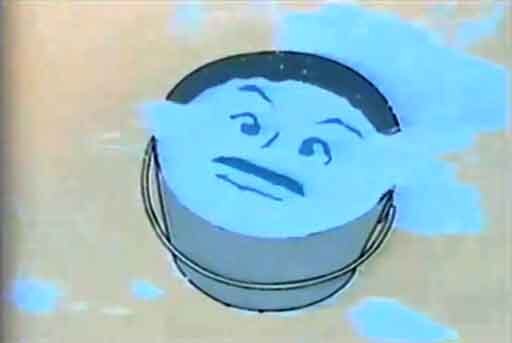 Screenshot of an old Super Friends cartoon. The image shows a bucket of water with a face imprinted on the water.