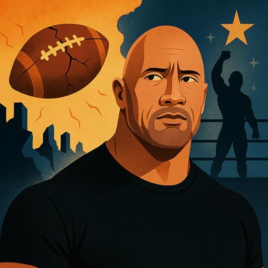 A stylized portrait of Dwayne Johnson with a cracked football in the background and a silhouette of him in a wrestling ring beneath a glowing star.