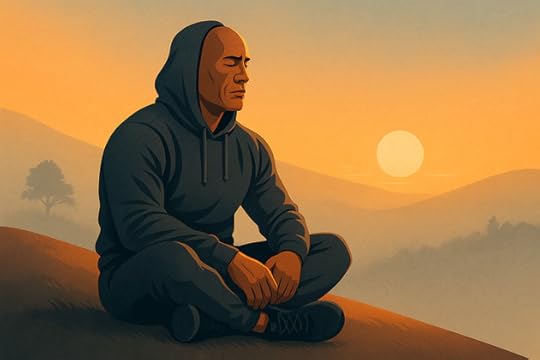 Dwayne Johnson sitting cross-legged in meditation at sunrise on a quiet hilltop, wearing a hoodie with eyes closed and a calm, focused expression.